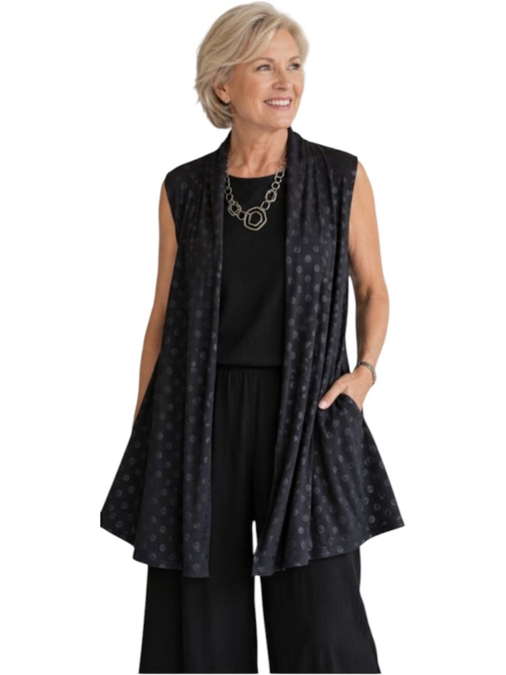 Bryn Walker Black Polka Dot Long Open Front Vest / Duster – Medium